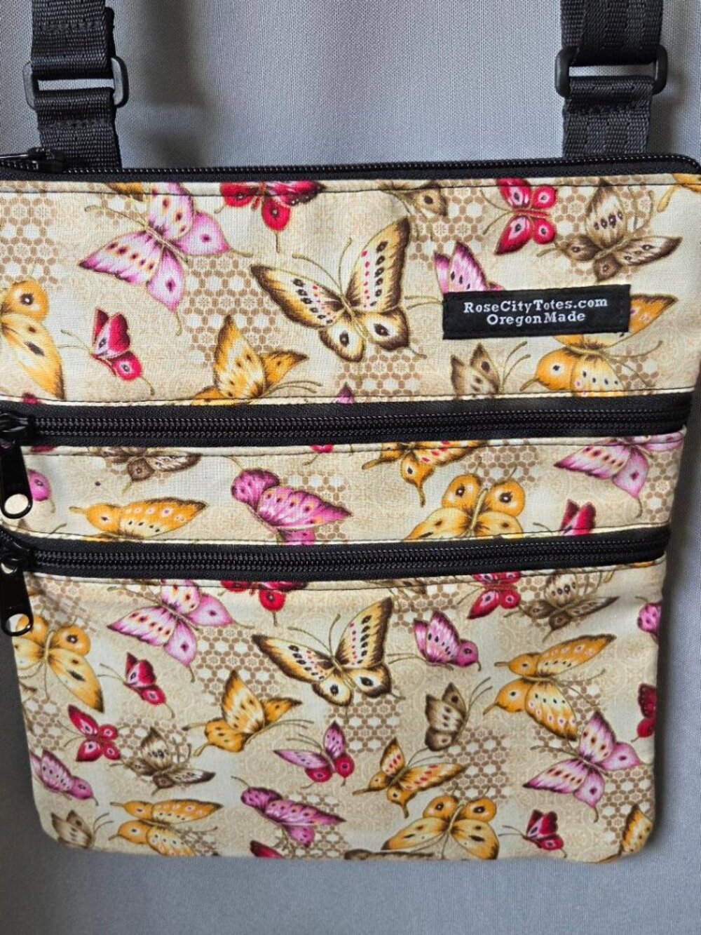 Rose City Totes Butterfly Print Darcy Flat Bag Crossbody Oregon Made Pristine